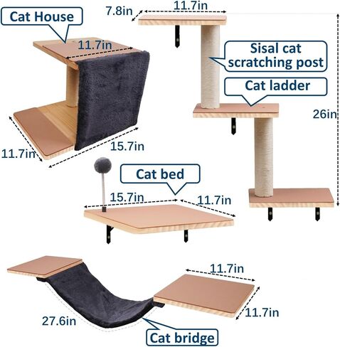 Cat Shelves for Wall, Solid Wood Cat Wall Furniture, with Cat's House, Bed, Hammock, Sisal Scratching Post Ladder (Dark Color) in Kuwait
