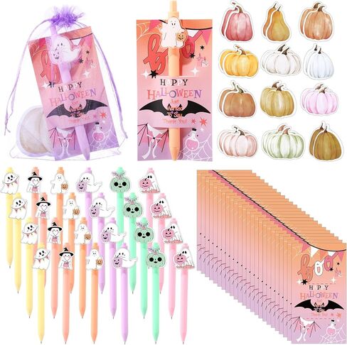 Epakh 96 Pcs Pink Halloween Party Gifts Bulk 24 Ghost Ballpoint Pens 24 Pumpkin Sticky Notes 24 Happy Halloween Cards with 24 Bags Boo Basket Gift for Classroom School Rewards Office Prize Supply in Saudi Arabia