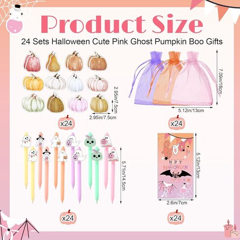 Epakh 96 Pcs Pink Halloween Party Gifts Bulk 24 Ghost Ballpoint Pens 24 Pumpkin Sticky Notes 24 Happy Halloween Cards with 24 Bags Boo Basket Gift for Classroom School Rewards Office Prize Supply in Saudi Arabia