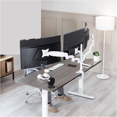 White Triple Monitor Stand, 2 Pneumatic arms + 1 Fixed, 3 Screens up to 32 inches in Saudi Arabia