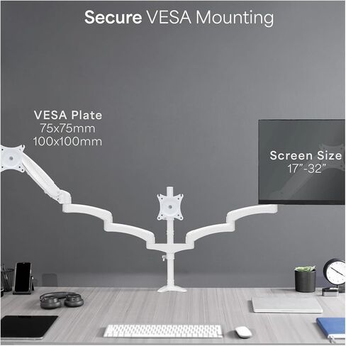 White Triple Monitor Stand, 2 Pneumatic arms + 1 Fixed, 3 Screens up to 32 inches in Saudi Arabia