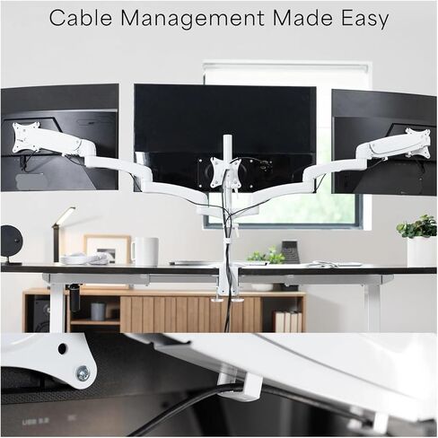 White Triple Monitor Stand, 2 Pneumatic arms + 1 Fixed, 3 Screens up to 32 inches in Saudi Arabia