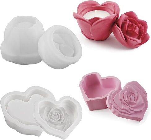 3D Rose Shaped Storage jar Mold (with lid) 2pcs, epoxy Resin Jewelry Box Mold, Romantic Rose Souvenir Container molds,DIY Crafts, Valentine's Day Gifts, candlesticks Candy Chocolate Storage Boxes. in Saudi Arabia