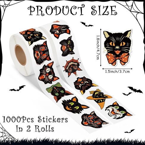 GUjianzi Halloween Black Cat Stickers - 1000Pcs Vintage Funny Cute Meme Decals for Kids Teen Adult, Aesthetic Kitty Waterproof Vinyl Sticker Gifts for Scrapbooking Party Favors Supplies Decorations in Saudi Arabia