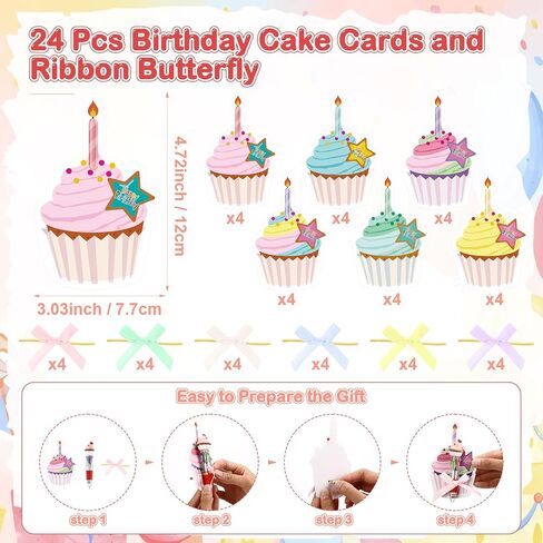 24 Sets Happy Birthday Classroom Gifts Include 24 Multicolor 4-in-1 Ballpoint Pens Colorful Birthday Cake Cards Bow Ribbon for School Students Classroom Employee Coworker Office DIY Supplies in Saudi Arabia