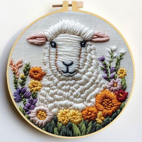 Punch Needle Kits A Sheep in Flowers Embroidery Starter Set with Hoop Easy for Beginners DIY Stress Relief Handmade Craft Hobby and Home Decor 20x20cm-1 in Saudi Arabia