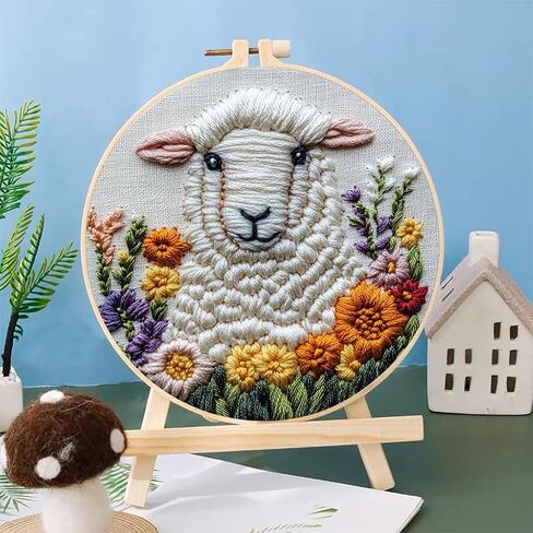 Punch Needle Kits A Sheep in Flowers Embroidery Starter Set with Hoop Easy for Beginners DIY Stress Relief Handmade Craft Hobby and Home Decor 20x20cm-1 in Saudi Arabia