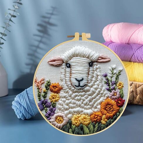 Punch Needle Kits A Sheep in Flowers Embroidery Starter Set with Hoop Easy for Beginners DIY Stress Relief Handmade Craft Hobby and Home Decor 20x20cm-1 in Saudi Arabia