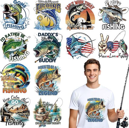 12 Sheets Fishing Iron on Transfers for T-Shirts, Funny DTF Transfers Ready to Press Heat Transfers Vinyl, Iron on Patches Decals for Clothes Canvas Bag Hoodie Pillow Covers DIY Crafts in Saudi Arabia