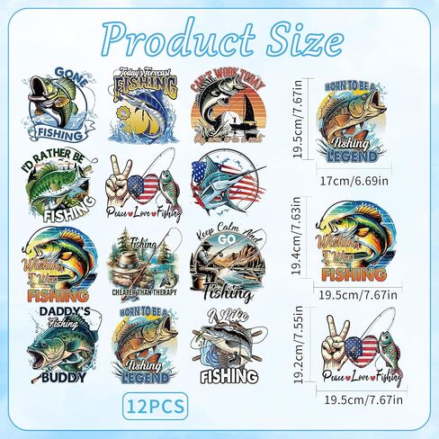 12 Sheets Fishing Iron on Transfers for T-Shirts, Funny DTF Transfers Ready to Press Heat Transfers Vinyl, Iron on Patches Decals for Clothes Canvas Bag Hoodie Pillow Covers DIY Crafts in Saudi Arabia