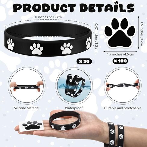 Soulchen 50 Pcs Paw Print Silicone Bracelets with 100pcs Dog Paw Sticker Rubber Wristbands for Birthday Puppy Animal Baby Shower Party Decorations Supplies Accessories Goodie Bag Favor(Blue) in Kuwait