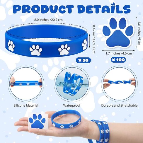 Soulchen 50 Pcs Paw Print Silicone Bracelets with 100pcs Dog Paw Sticker Rubber Wristbands for Birthday Puppy Animal Baby Shower Party Decorations Supplies Accessories Goodie Bag Favor(Blue) in Kuwait