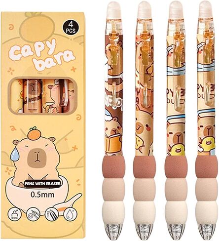 أقلام كابيبارا بالير بوينت مع امتيازات مميزة 4 عبوات ، كابيبارا موضوع الحبر الحبر - 0.5mm نقطة غرامة الحبر الأسود - مجموعة هدايا تصميم حيوان لطيف in Saudi Arabia