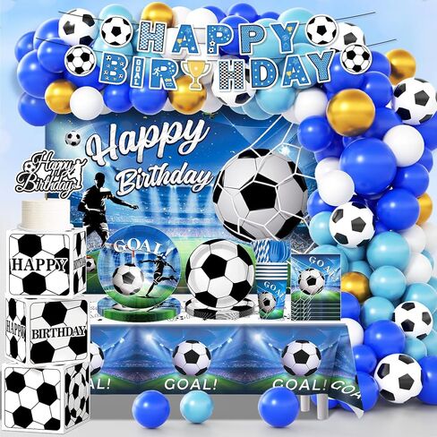 Soccer Birthday Party Decorations, All-in-1 Supplies Pack, Includes Plates and Napkins, Backdrop, Tablecloth, Balloon Kit for Blue Soccer Theme Party Decorations in Saudi Arabia