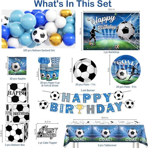 Soccer Birthday Party Decorations, All-in-1 Supplies Pack, Includes Plates and Napkins, Backdrop, Tablecloth, Balloon Kit for Blue Soccer Theme Party Decorations in Saudi Arabia