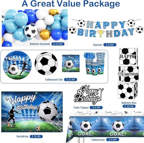 Soccer Birthday Party Decorations, All-in-1 Supplies Pack, Includes Plates and Napkins, Backdrop, Tablecloth, Balloon Kit for Blue Soccer Theme Party Decorations in Saudi Arabia
