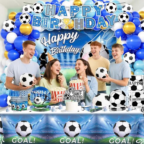 Soccer Birthday Party Decorations, All-in-1 Supplies Pack, Includes Plates and Napkins, Backdrop, Tablecloth, Balloon Kit for Blue Soccer Theme Party Decorations in Saudi Arabia