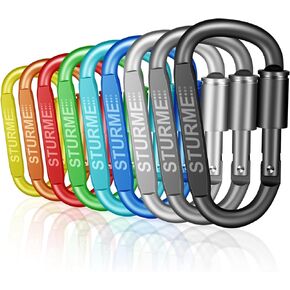 STURME Carabiner Clip Aluminum D-Ring Locking Durable Strong and Light Large Carabiners Clip Set for Outdoor Camping Screw Gate Lock Hooks Spring Link Improved Design Pack (9 Pack)