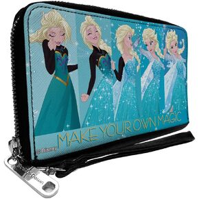 Disney Wallet, Zip Around, Frozen Elsa MAKE YOUR OWN MAGIC Letting It Go Transformation Blocks Stars Aqua, Vegan Leather