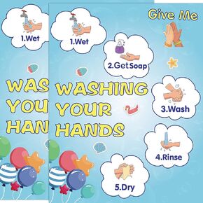 2 Pack Washing Your Hands Poster, Tear-Resistant and Water-Resistant Hand Washing Signs for Kids, 14×11 Inch Give Your Hands Poster for Classroom, How to Wash Your Hands Instruction Posters