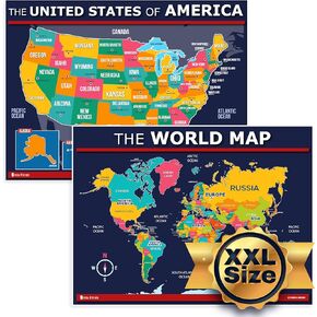 XXXL الولايات المتحدة الأمريكية + خريطة العالم (42x60) ملصق 2 عبوة للأطفال بلاستيك XXL كبير أزرق Young N Refined