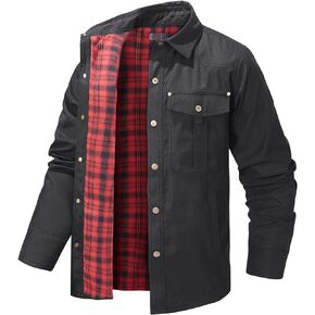 Mens Flannel Lined Lightwight Casual Snaps Plaid Shacket Shirt Jacket with Pockets