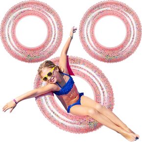 12 Pcs Summer Swim Rings with Glitter Fun Inflatable Pool Float Round Shaped Swimming Pool Tubes for Beach Party Supplies
