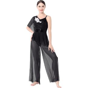 ODASDO Women Lyrical Dance Costumes Modern Contemporary Dancewear One-piece Jumpsuit Unitard Sequin Mesh Wide Leg Pants
