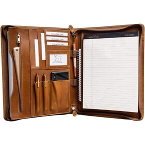 Genuine Leather Professioal Business Portfolio Padfolio Folder with Zipper for Men and Women,Work Portfolio with Notepad for Meeting and Travel, Brown