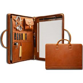 Genuine Leather Portfolio, Padfolio Organizer with Handle, Personalized Padfolio，Padfolio with Zipper for Men Women，Suitable for 15-inch Laptop Legal Pad Padfolio, Dark Khaki