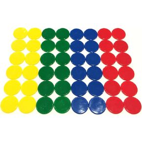 Plastic Counters (48): Blue, Red, Yellow, and Green Color Gaming Tokens (Hard Colored Plastic Coins, Markers and Discs for Bingo Chips, Tiddly Winks, and Other Board Game Playing Pieces)