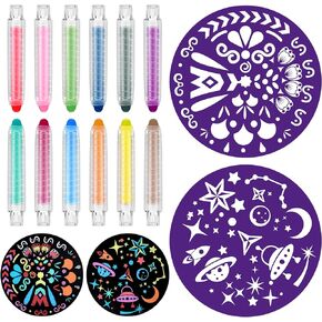 14 Pcs Mandala Stencils Outdoor Sidewalk and Chalk Set 20 Inches Diam Includes 2 Stencils 12 Chalks and Chalk Holders (Animals)