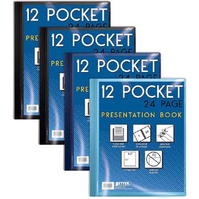 Better Office Products 12 Pocket Bound Presentation Book, Assorted Colors, Clear View Front Cover, 24 Sheet Protector Pages, 8.5" x 11" Sheets, Art Portfolio, Poly Covers, Letter Size (4 Pack)