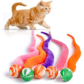 SHENGSEN Bouncy Ball with Tail Cat Toys-5 Packs,Large Magic Worm with Fluorescent Ball Toy for Cats,Colorful Fuzzy Worm Bouncy Glow Balls Cat Toy