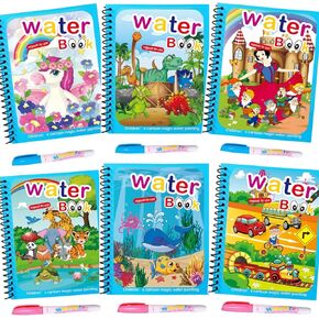 Dreamlizer Reusable Water Coloring Books for Toddlers, Paint with Water Books, 6 Pack Mess Free Wow Book for 3-5 Year Olds, Dinosaur Animal Transport Cartoon Coloring Book, Travel Toy Gift (6 Packs)