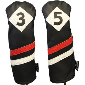 Majek Retro Golf Headcovers Black Red and White Vintage Leather Style 3 & 5 Fairway Wood Head Cover Classic Look