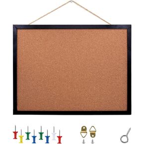 Black Cork Board Bulletin Board, 15.7"X 12" Cork Board, Oak Wood Finish Frame, Wall Mounted Cork Board for Office Home and School(Pins, Eye Bolts, gaskets, Screws)