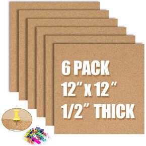 AKTOP Cork Board Bulletin Board 12x12, 1/2" Thick Felt Cork Board Tiles 6 Pack, Small Square Pin Board for Wall, Self Adhesive Corkboards with 60 Push Pin Wood Clips for School, Home & Office, Black