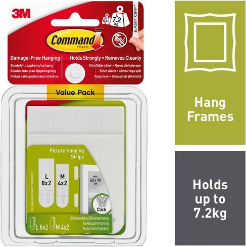 Command Medium and Large Picture Hanging Strips, Damage Free Hanging Picture Hangers, No Tools Wall Hanging Strips for Living Spaces, White, 4 Medium Pairs and 8 Large Pairs in Saudi Arabia