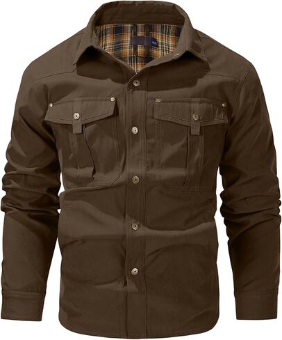 Mens Flannel Lined Lightwight Casual Snaps Plaid Shacket Shirt Jacket with Pockets in Kuwait