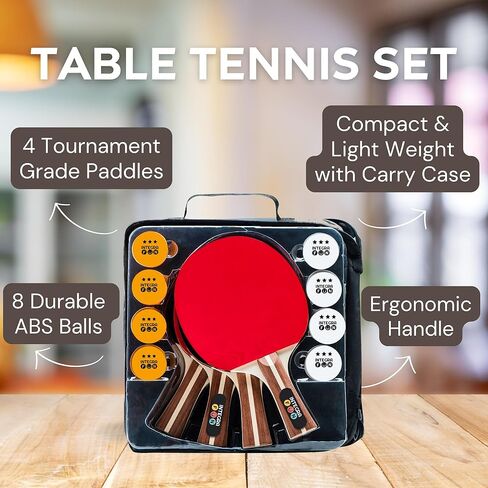 Ping Pong Paddle Set - 4 Wood Ping Pong Paddles - Ergonomic Grip - 8 Tournament Table Tennis Balls - Paddle Case - Professional/Casual Play - Portable Table Tennis Set .- Family Table Games in Saudi Arabia