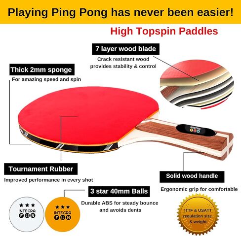 Ping Pong Paddle Set - 4 Wood Ping Pong Paddles - Ergonomic Grip - 8 Tournament Table Tennis Balls - Paddle Case - Professional/Casual Play - Portable Table Tennis Set .- Family Table Games in Saudi Arabia