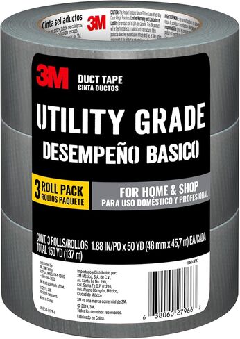 3M Utility Duct Tape, 3 Rolls, 1.88" in x 50 yd, Strong Adhesive, Adheres to Multiple Surfaces, Hand-Tearable, Silver Color Tape, Sticks Instantly, Perfect for Home & Shop Use (1950-3PK) in Saudi Arabia