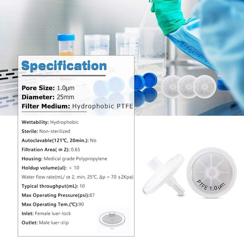 مرشحات حقنة PTFE [قابلية البلل: كارهة للماء] قطر 25 مم 1.0 ميكرومتر حجم المسام ترشيح مختبري بواسطة Allpure Biotechnology (عبوة من 100) (PTFE كارهة للماء، 1.0 ميكرومتر) in Kuwait