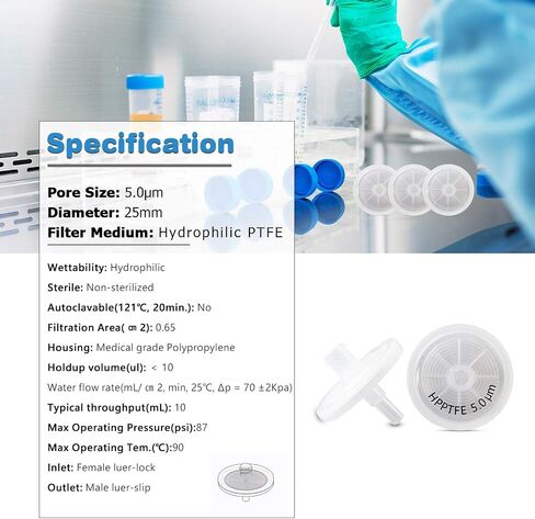 PTFE Syringe Filters [Wettability: Hydrophilic] 25mm Diameter 5.0 μm Pore Size Laboratory Filtration by Allpure Biotechnology (Pack of 100) (Hydrophilic PTFE, 5.0 μm) in Kuwait