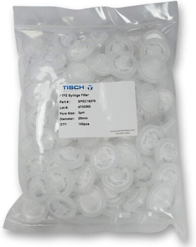 Tisch Brand SPEC16279 مرشح حقنة بولي تترافلوروإيثيلين PTFE، 3um، 25 مم، قفل مزدوج، 1/pk/100 لكل عبوة | قابلية التبلل: مسعور | الحد الأقصى لدرجة حرارة التشغيل: 60 درجة مئوية | in Kuwait
