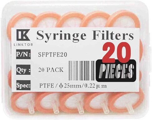 Syringe Filter PTFE Filtration, 25mm Diameter 0.22um Pore Size Non-sterile Pack of 20 (Pack of 20, 0.22μm, PTFE) in Kuwait