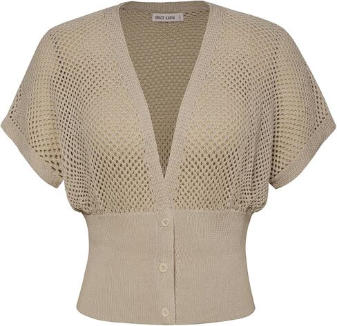GRACE KARIN 2024 Women Short Sleeve Crochet Cardigan Summer Draped V-Neck Bolero Shrug Sweater Hollow Out Beach Cover Up in Kuwait