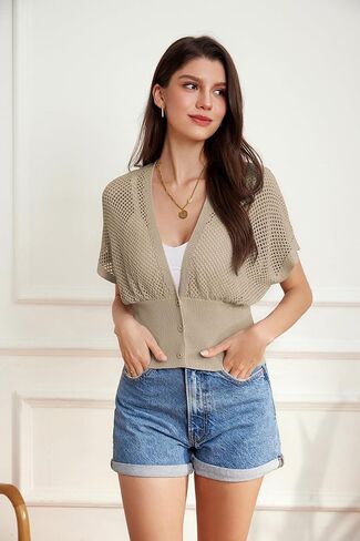 GRACE KARIN 2024 Women Short Sleeve Crochet Cardigan Summer Draped V-Neck Bolero Shrug Sweater Hollow Out Beach Cover Up in Kuwait