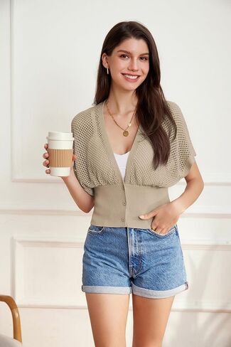 GRACE KARIN 2024 Women Short Sleeve Crochet Cardigan Summer Draped V-Neck Bolero Shrug Sweater Hollow Out Beach Cover Up in Kuwait